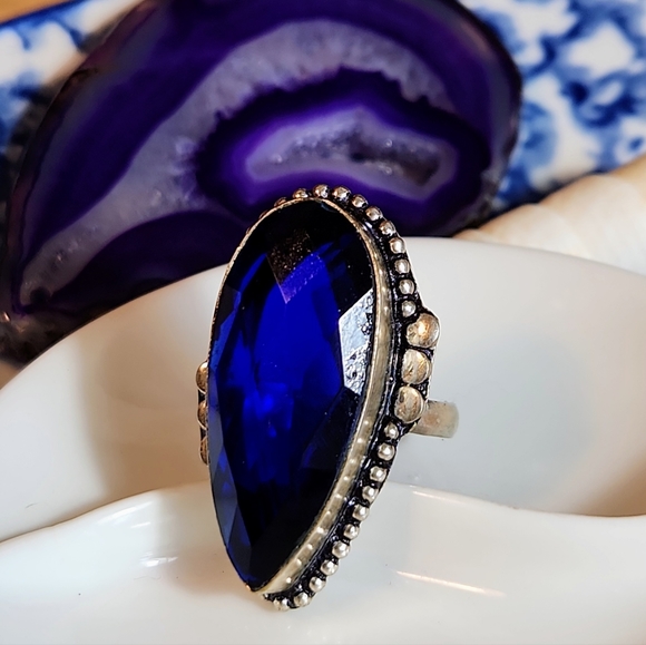 S-7 3/4 Stylish Dk Blue Pear-Shaped,Faceted Faux Sapphire Ring Made Jaipur,India - Picture 2 of 5